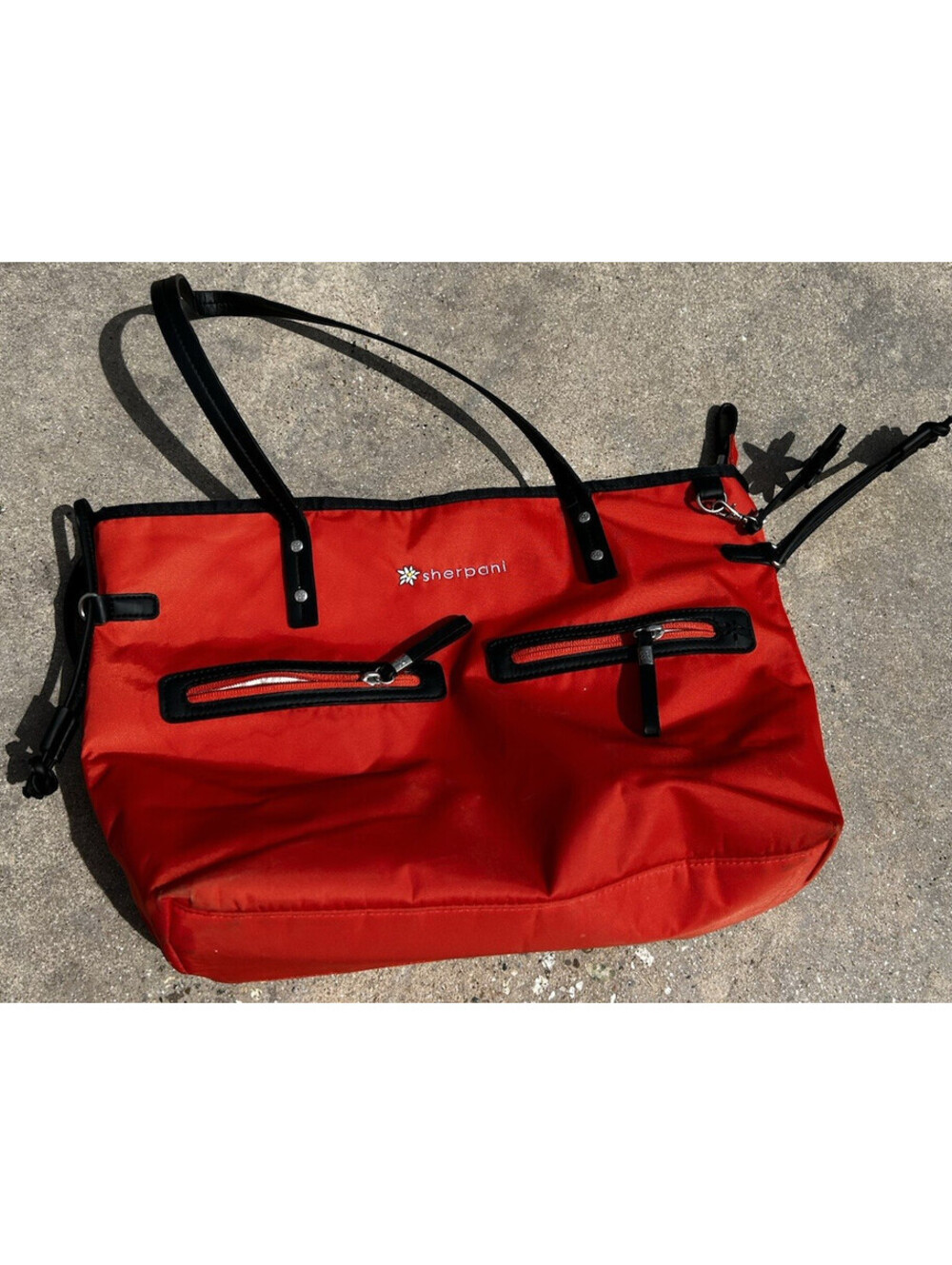 Sherpani Stride Tote Bright Red 5 Zip Pockets 16x12 Tote Black Accents Tassels